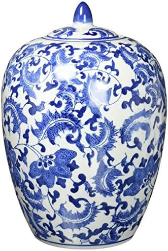 Oriental Furniture 11" Floral Blue & White Porcelain Vase Jar | Amazon (US)