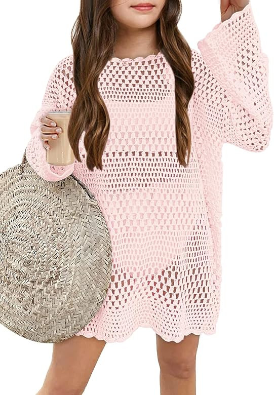 Girls Long Sleeve Swim Coverups Kids Fashion Crochet Beach Dress 5-14 Years | Amazon (US)