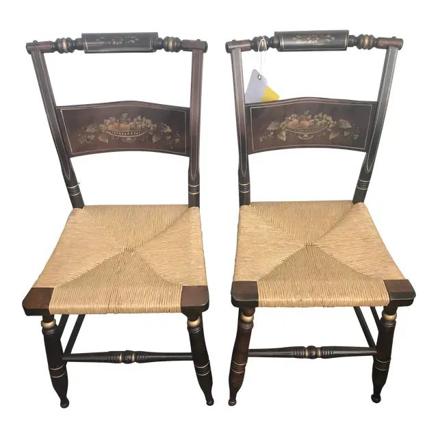Vintage Hitchcock Style Slat Back Rush Bottom Chairs with Fruit Compote Stenciling - Set of 2 | Chairish