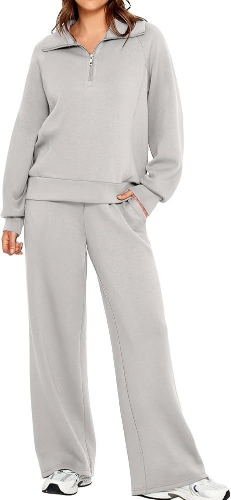 Glamaker Women 2 Piece Sets Fleece Lounge Travel Workout Outfits Airport Half Zip Sweatsuit Wide ... | Amazon (US)