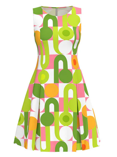 Green 1960s Geometric Print Round Neck Shift Dress | Retro Stage