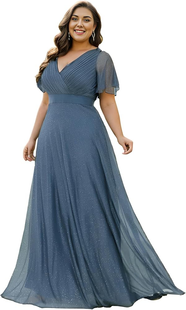 Ever-Pretty Plus Women's Plus Size V-Neck Long Shimmery Flutter Sleeve Pleated Evening Dress 5015... | Amazon (US)