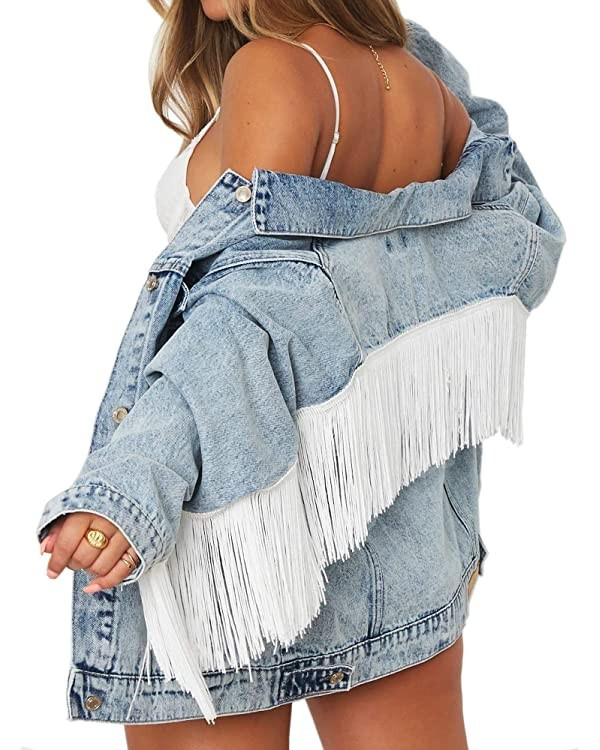 Oversized Denim Jacket for Women Festival Jean Jacket With Fringe Trimming (S, Oversized Denim Ja... | Amazon (US)