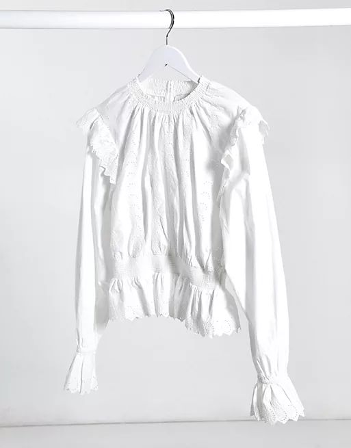 Topshop shirred embroidered blouse in white | ASOS (Global)