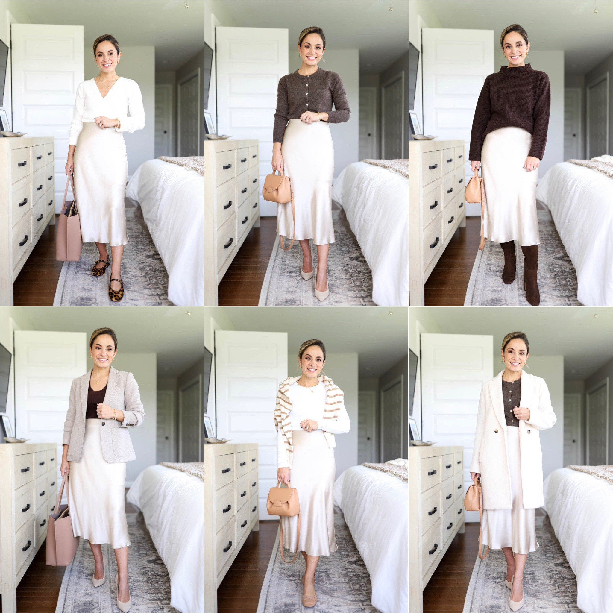 Capsule series: five ways to wear a slip skirt 

Skirt: xs - color is champagne. I wear spanx shorts with this skirt, also linked 
White wrap sweater: xs 
Brown cardigan: xs 
Brown mock neck sweater: petite xxs 
Knit blazer: petite 00 
Brown ribbed sweater: xs 
Striped cashmere sweater: xxs 
White long sleeve top (similar option) 
White coat: petite 00 

All shoes are tts 
Small bag polene un nano in textured tan 


#LTKstyletip #LTKworkwear #LTKSeasonal