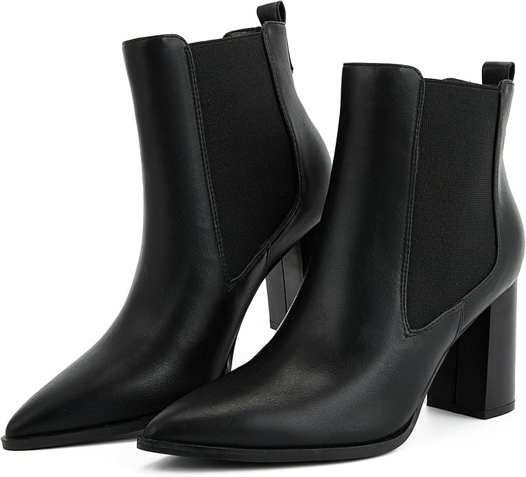 Putu Women's Pointed Toe Ankle Boots Chunky Heel Chelsea Boots Pull on Heeled Booties with Elasti... | Amazon (US)