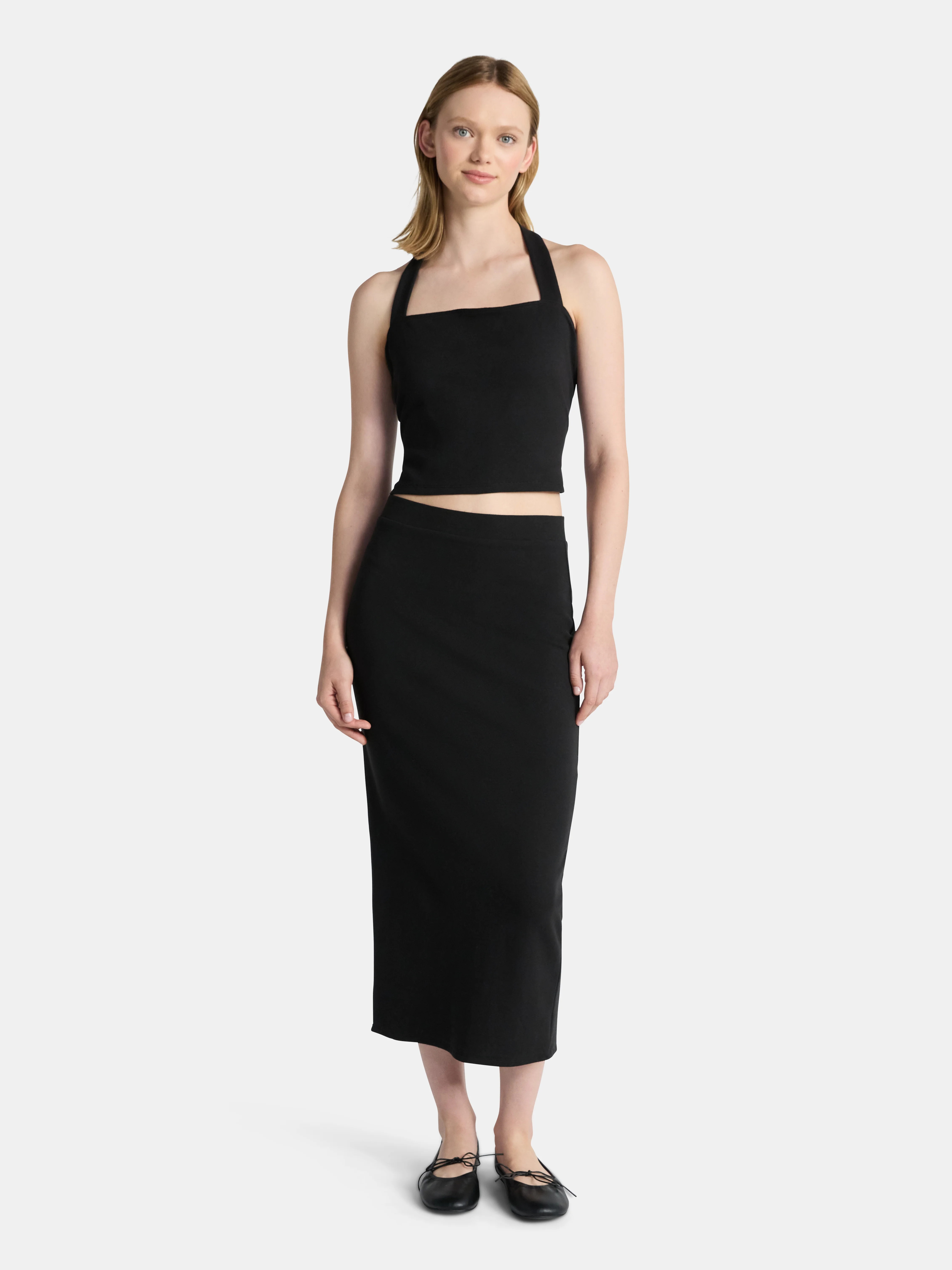 No Boundaries Square Neck Halter Top and Midi Skirt Set, 2-Piece, Women's | Walmart (US)