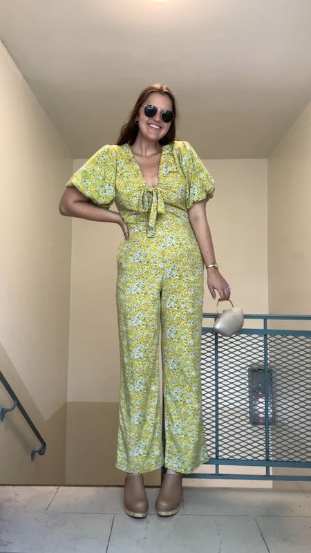 Love, Whit by Whitney Port Yellow Floral Jumpsuit, rent the runway, clothing rental, budget friendly, affordable, green and blue floral print, Leather Platform Clog Nisolo, brown shoes, platforms, rayban round sunglasses, gold jewelry from Amazon (hoop earrings, rings), PEARL MINAUDIERE, white clutch / purse / bag

#LTKunder50 #LTKunder100 #LTKstyletip