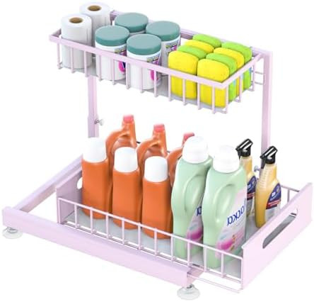 Under Sink Organizer Storage 2-Tier Premium Metal Pull-Out Kitchen Cabinet Organizer with Sliding... | Amazon (US)