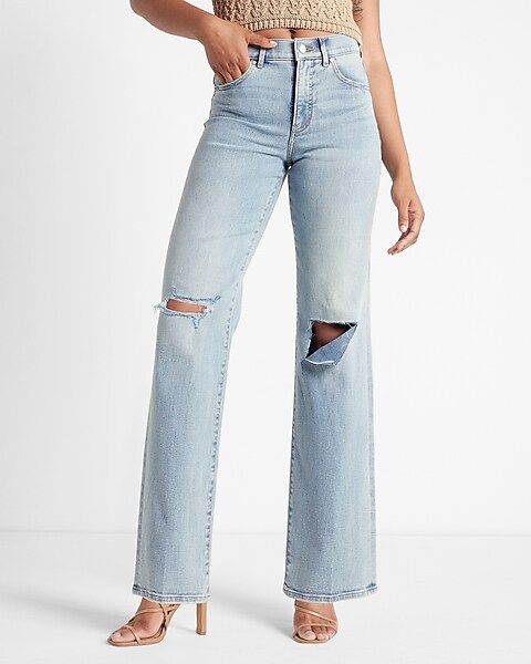 High Waisted Light Wash Ripped Wide Leg Jeans | Express