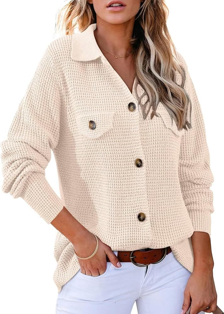 Astylish Women Waffle Knit Shacket Jacket Casual Long Sleeve Sweater Button Down Shirts Dressy Bl... | Amazon (US)