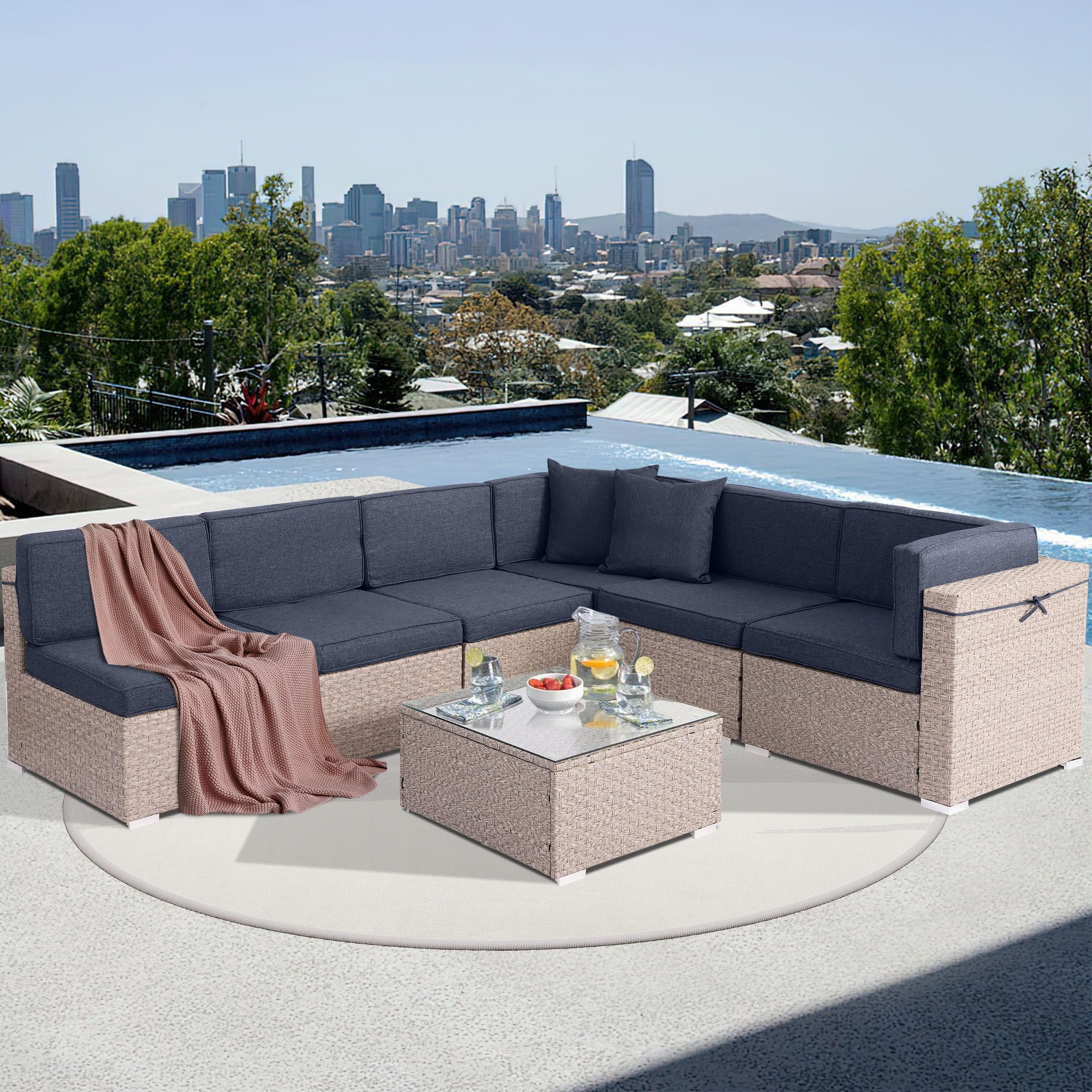 KIGOTY 7pcs Outdoor Sectional Patio Furniture Set, Grey Wide Rattan Patio Conversation Sofa Set w... | Walmart (US)