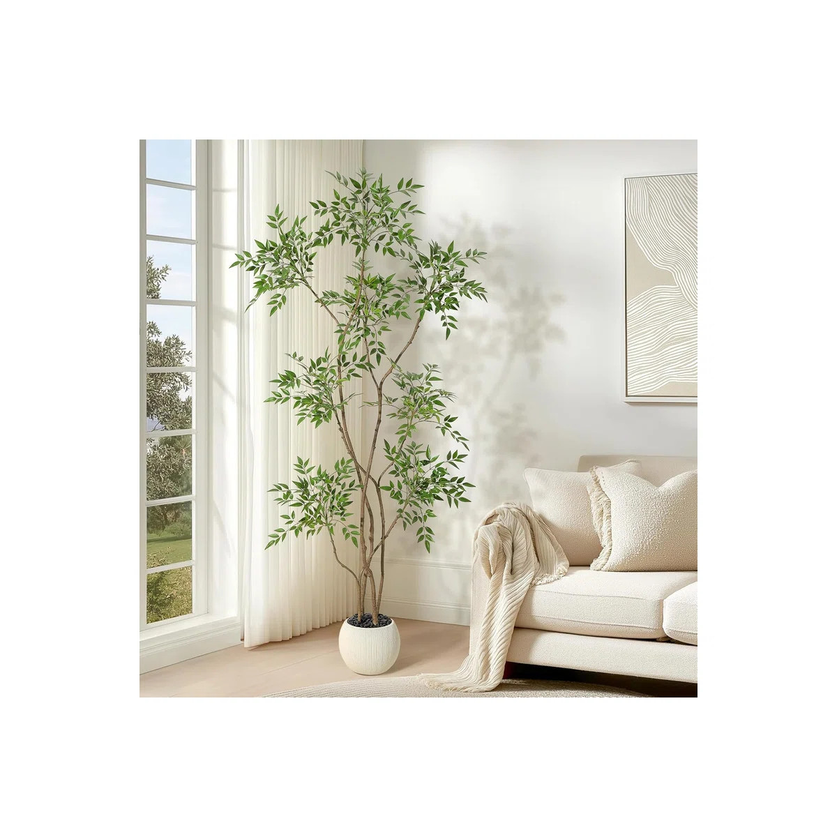 5/6/7ft Artificial Nandina Tree in Pot - Faux Floor Plant with White Planter for Home Office Deco... | Wayfair North America