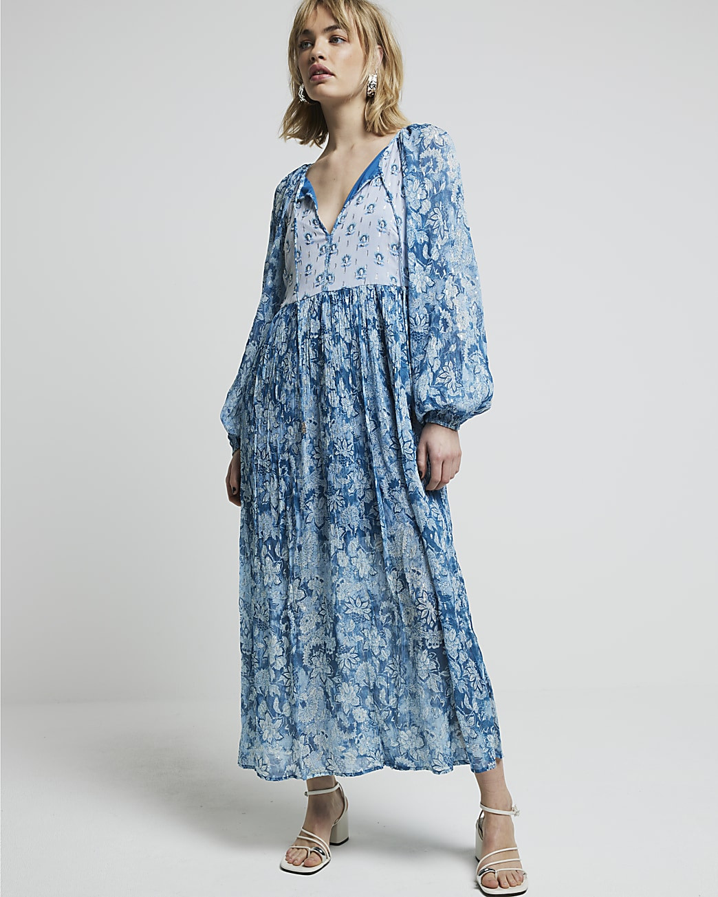Blue floral glitter detail smock maxi dress | River Island (UK & IE)