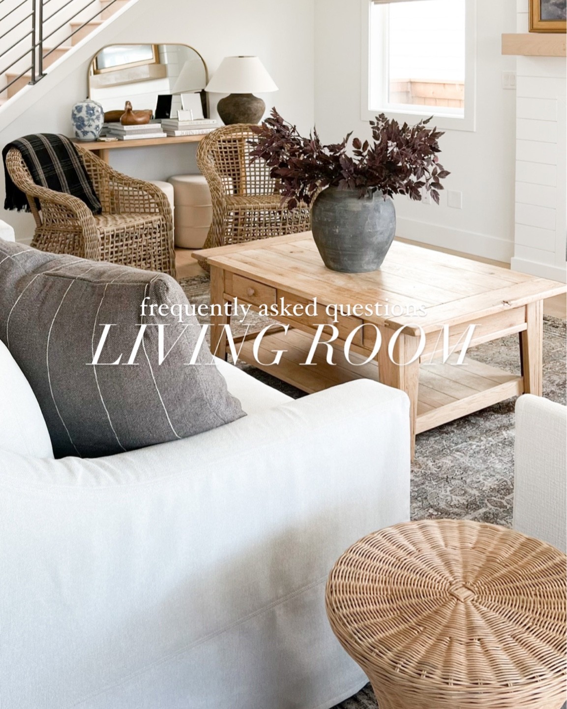 Living room home decor, transitional living room, modern farmhouse, neutral home decor, slip covered couch, Loloi rug, affordable area rug, faux fall florals, fall decor, autumn home decor, rattan chair, wicker chairs, console table, world market, Target, McGee, studio McGee, pottery barn, Homebyjulianne 

#LTKhome #LTKSeasonal #LTKunder100