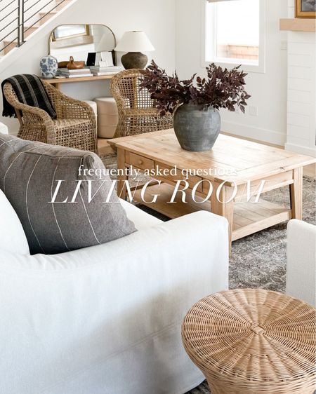 Living room home decor, transitional living room, modern farmhouse, neutral home decor, slip covered couch, Loloi rug, affordable area rug, faux fall florals, fall decor, autumn home decor, rattan chair, wicker chairs, console table, world market, Target, McGee, studio McGee, pottery barn, Homebyjulianne 

#LTKhome #LTKSeasonal #LTKunder100