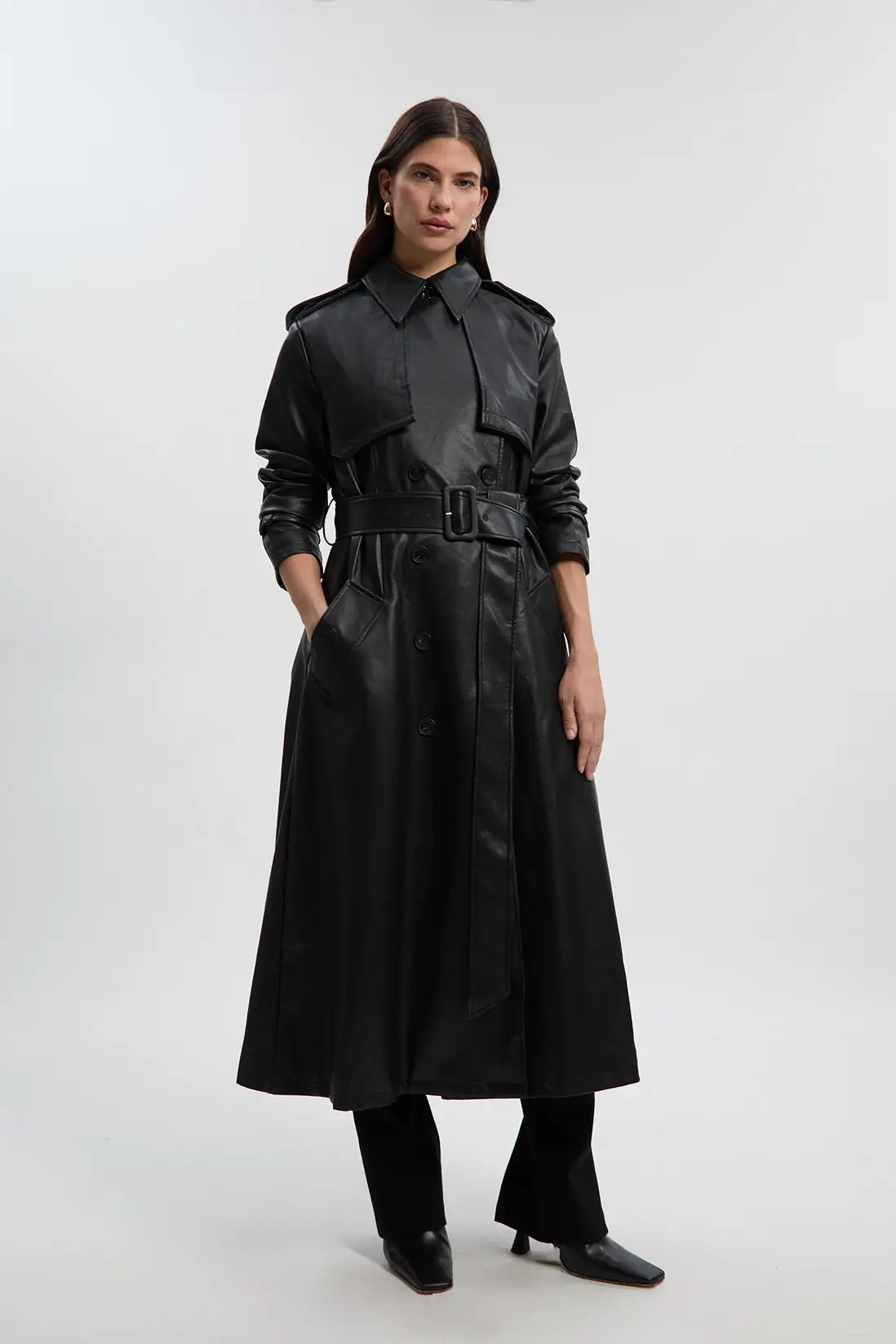 Tailored Faux Leather Belted Trench Coat | Karen Millen US