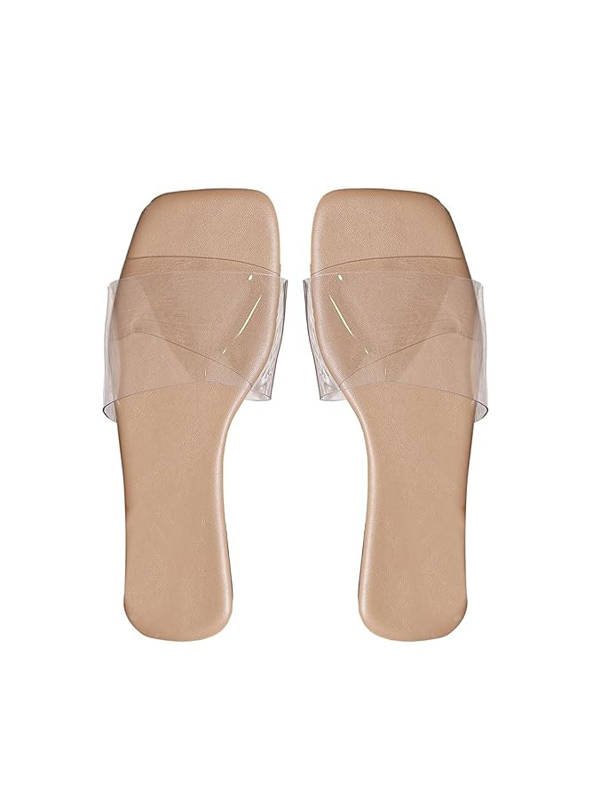 Verdusa Clear Sandals For Women Square Toe Slides Summer Slip On Flat Sandals | Amazon (US)