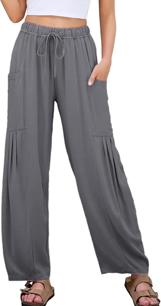 Duyang Women Linen Wide Leg Pants Casual Summer Palazzo Pants Beach Vacation Outfits Flowy Loose ... | Amazon (US)