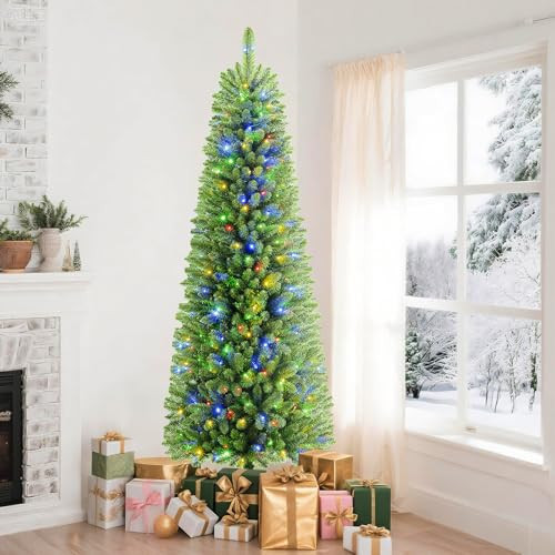 SHareconn 5 ft Premium Prelit Artificial Slim Pencil Spruce Christmas Tree with Remote Control, 180 Warm White & Multi-Color Lights, Full Branch Tips, First Choice Decorations for Xmas, 5 FT, Green | Amazon (US)