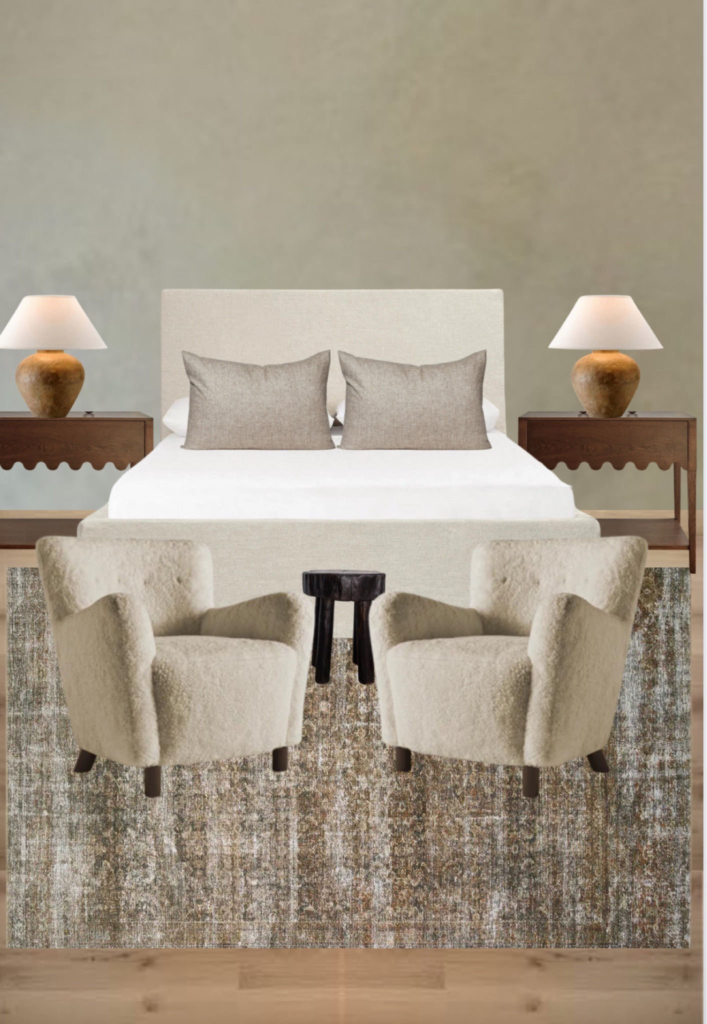 Neutral bedroom, upholstered bed, wabi sabi, lamp, lounge chairs, teddy chair, rug, antique, vintage 

#LTKstyletip #LTKfindsunder100 #LTKhome