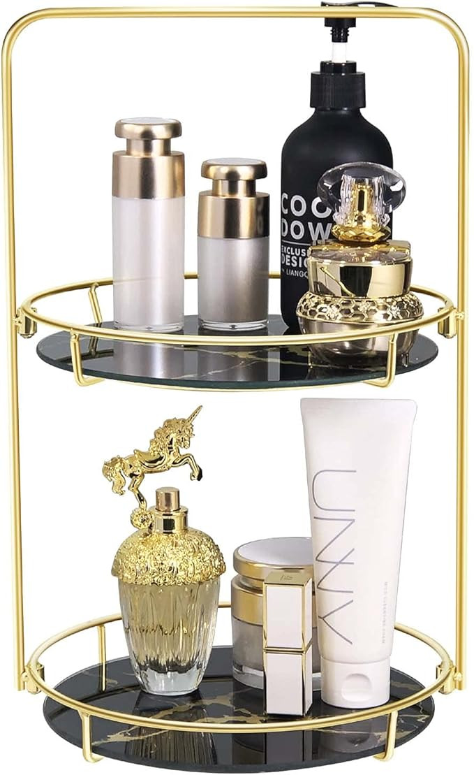 Simmer Stone Makeup Organizer Shelf, 2 Tier Cosmetic Storage Basket with Removable Glass Tray, Ro... | Amazon (US)