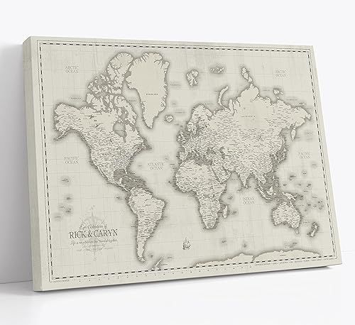 Holy Cow Canvas Personalized Cream Push Pin World Map on Canvas, Customize with Quote and Names, ... | Amazon (US)