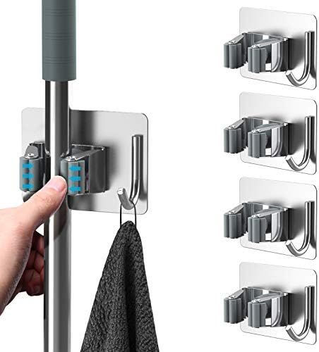 Mop Broom Holder, Homeasy 4 Pcs Stainless Steel Self Adhesive Mop Holder Wall Mounted with Hooks Han | Amazon (UK)