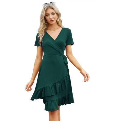 YESFASHION Midi Dress for Women Summer Short Sleeve Business V Neck A-Line Flowy Ruffle Elegant Wedding Guest Midi Dresses | Target