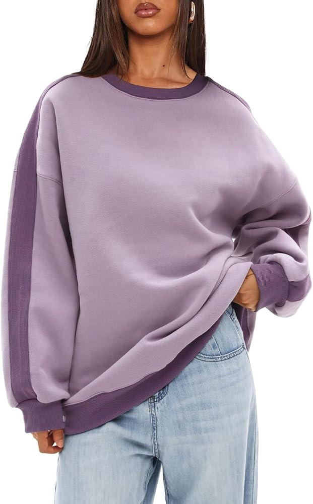 Beaully Womens Oversized Color Block Fleece Sweatshirts Long Sleeve Crew Neck Pullover Sweatshirt... | Amazon (US)