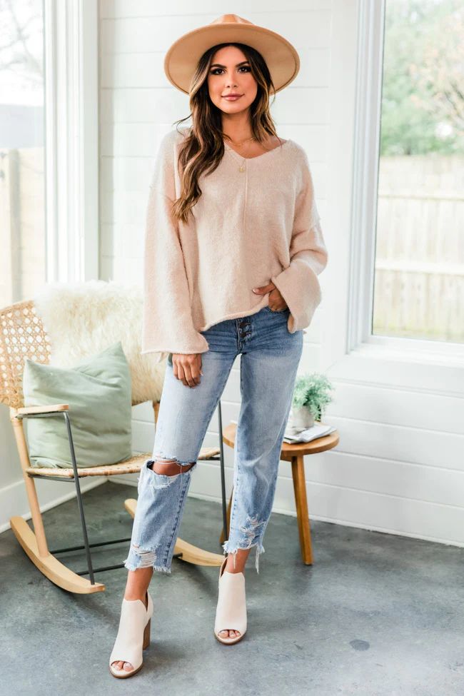Listen Up Beige Exposed Seam Sweater | Pink Lily