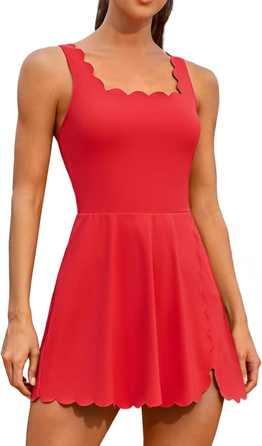 ATTRACO Women Tennis Dress Built-in Shorts Scalloped Golf Dress Adjustable Strap Athletic Dress S... | Amazon (US)