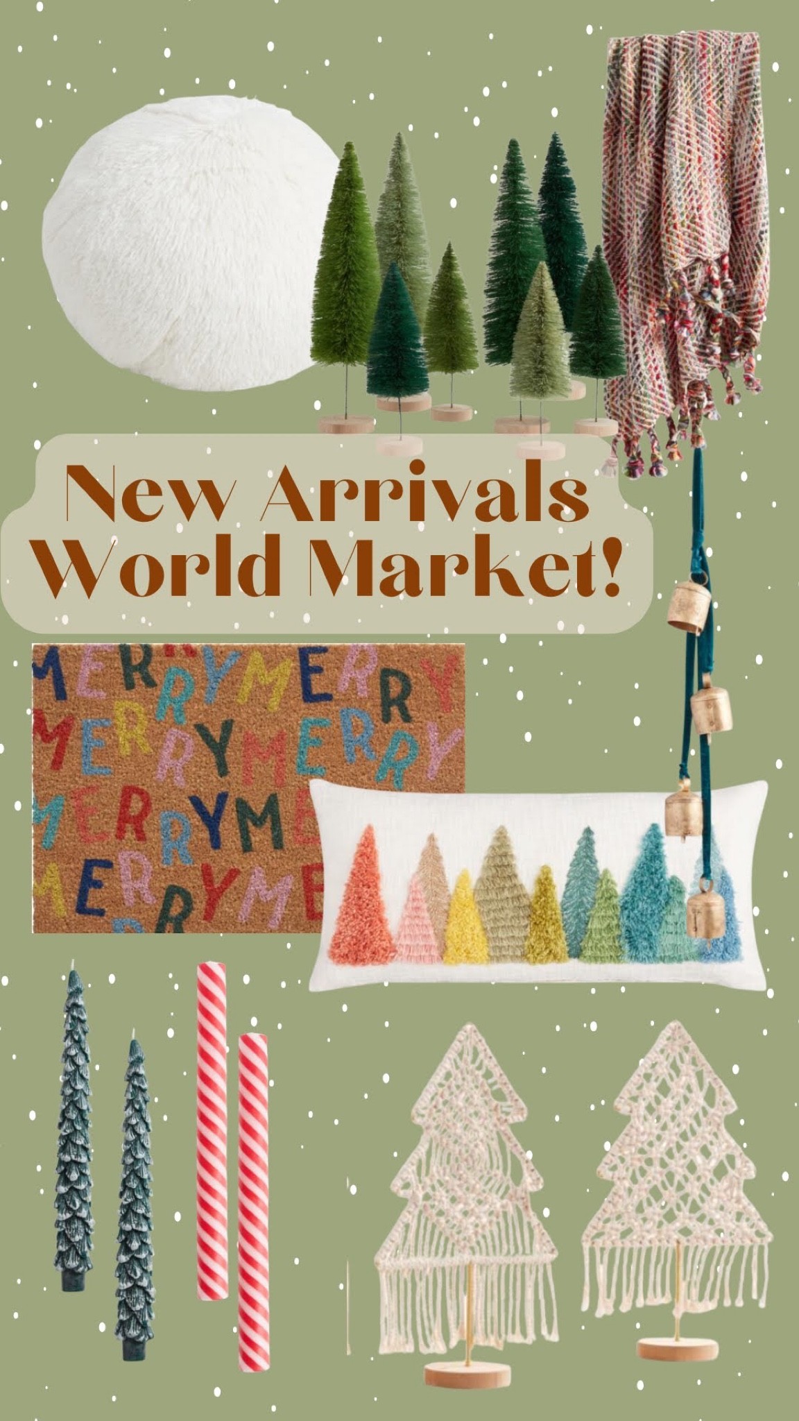 World Market Christmas finds - throw pillows - door mat - colorful Christmas - taper candles - bottle brush trees - snowball - boho Christmas - global eclectic Christmas - holiday home decor

#LTKSeasonal #LTKhome #LTKHoliday