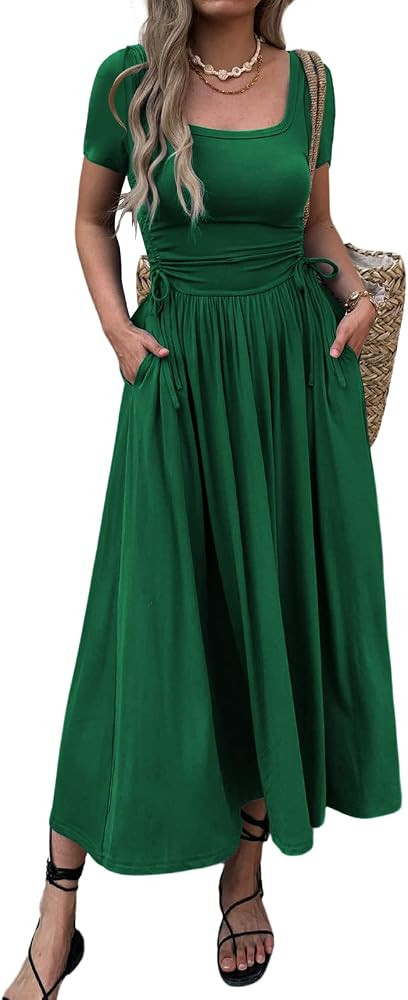Mieazom Women\u2019s Short Sleeve Maxi Dress Bodycon Long Dress Adjustable Waist Flowy Hem Stretc... | Amazon (US)