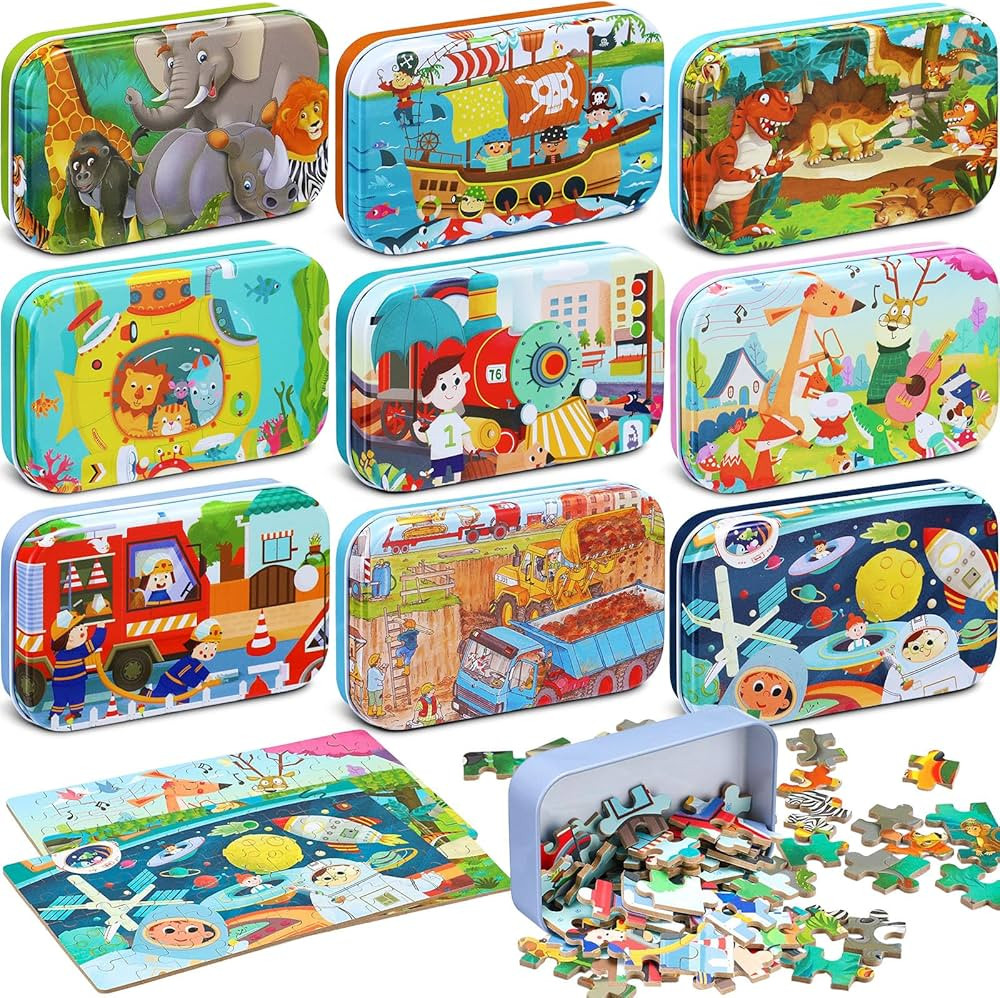 9 Boxes Party Favors Jigsaw Puzzles in a Metal Box for Age of 6-8, Wooden Puzzle for Ages 6-8 Boy... | Amazon (US)