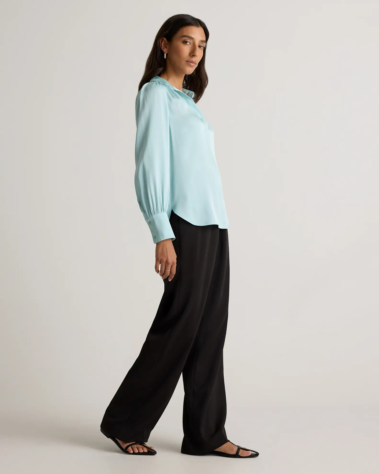 Washable Stretch Silk Split Neck Blouse  in Aqua Pearl | Quince