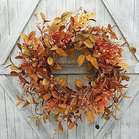 AMF0RESJ Artificial Fall Wreath for Front Door Autumn Wreath with Bright Oak Leaves,Small Pumpkin... | Amazon (US)