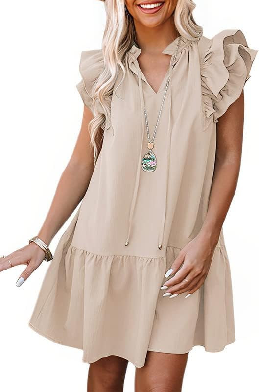 Dokotoo Womens 2023 Summer V-Neck Drawstring Ruffle Cap Short Sleeve Side Pockets Mini Dress Sund... | Amazon (US)