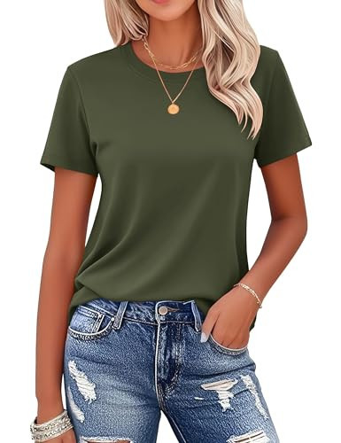 MAGCOMSEN Womens T-Shirts Cotton Shirt Short-Sleeve Classic-Fit Round-Neck Casual Moisture-Wicking Basic Tee, Army Green, 2XL | Amazon (US)
