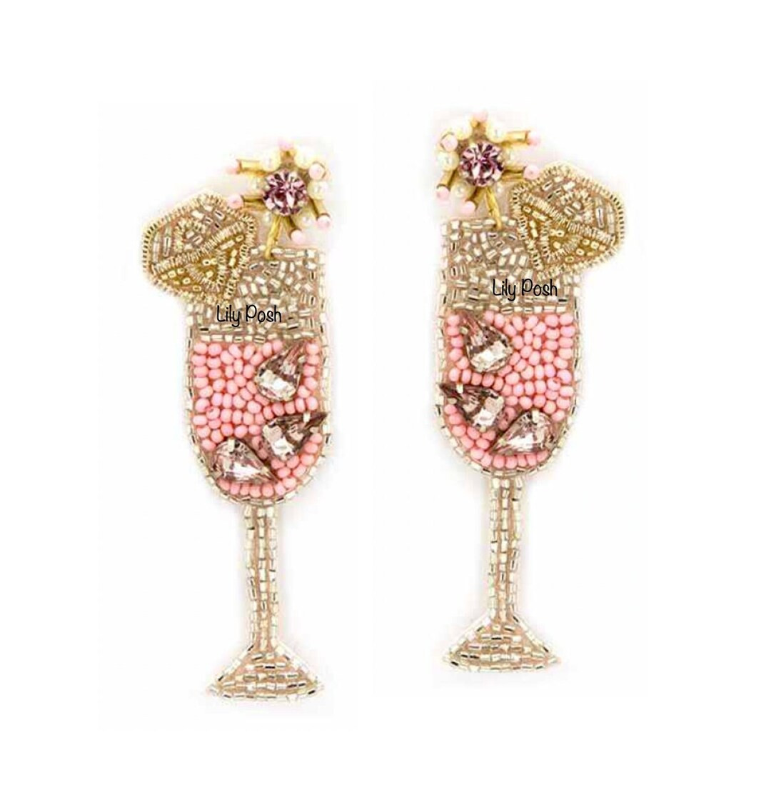 Pink Champagne Glass Earring, Seed Bead Statement Earring, Bridesmaid Gift, Bridal Shower, Beach ... | Etsy (US)