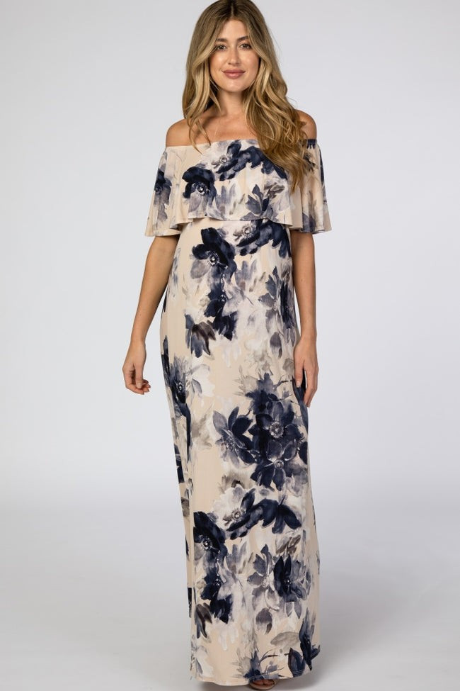 Taupe Navy Floral Off Shoulder Maternity Maxi Dress | PinkBlush Maternity