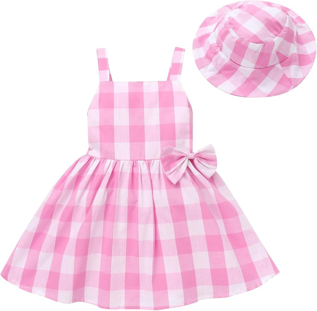 Baby Girl Pink Gingham Outfit Pink Plaid Dress with Hat Toddler Blue White Polka Dot Princess Dre... | Amazon (US)