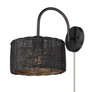Erma 1-Light Matte Black Wall Sconce with Black Wicker Shade | The Home Depot
