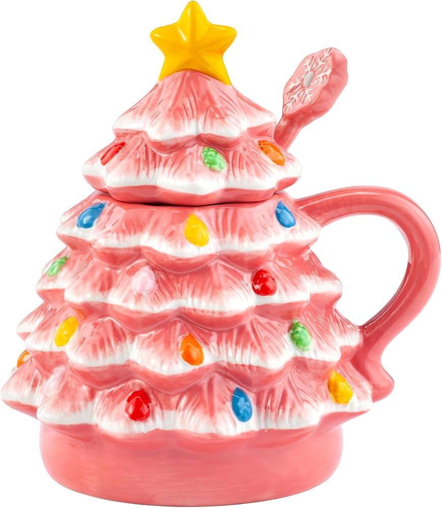 Mr. Christmas Lidded Nostalgic Tree Mug with Spoon - Pink, 16 Fluid Ounces | Amazon (US)