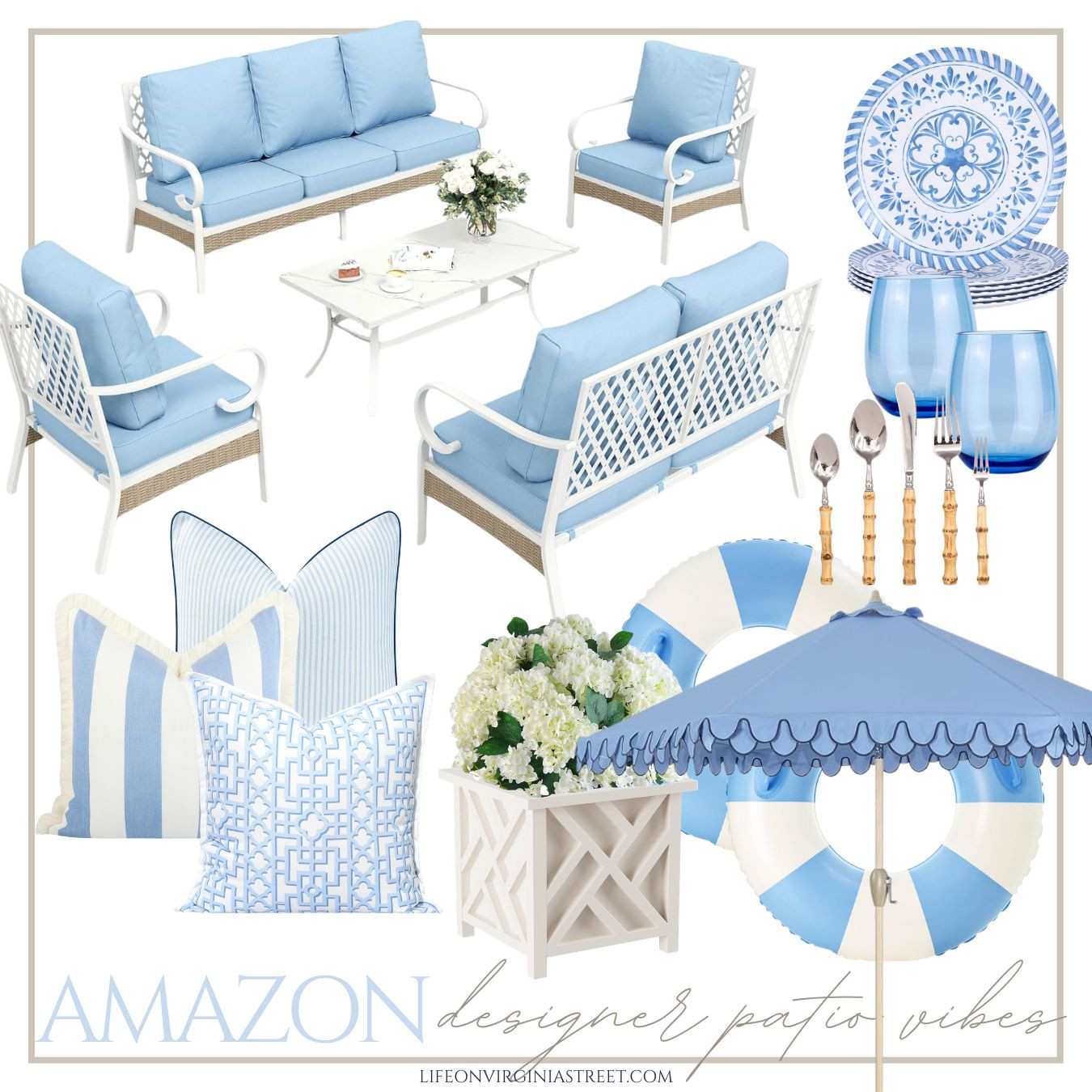 Get designer patio vibes on an Amazon budget! These gorgeous finds includes a trellis back patio furniture set, double scalloped umbrella, striped pool float, light blue out doors pillows, faux hydrangea plant and trellis planters, and outdoor dishes!

#LTKSeasonal #LTKHome #LTKSaleAlert