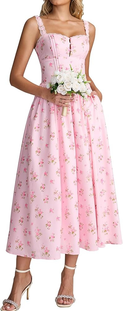 KUTUMAI Women Summer Lace Square Neck Midi Dress Corset Smocked Flowy A Line Beach Wedding Guest ... | Amazon (US)