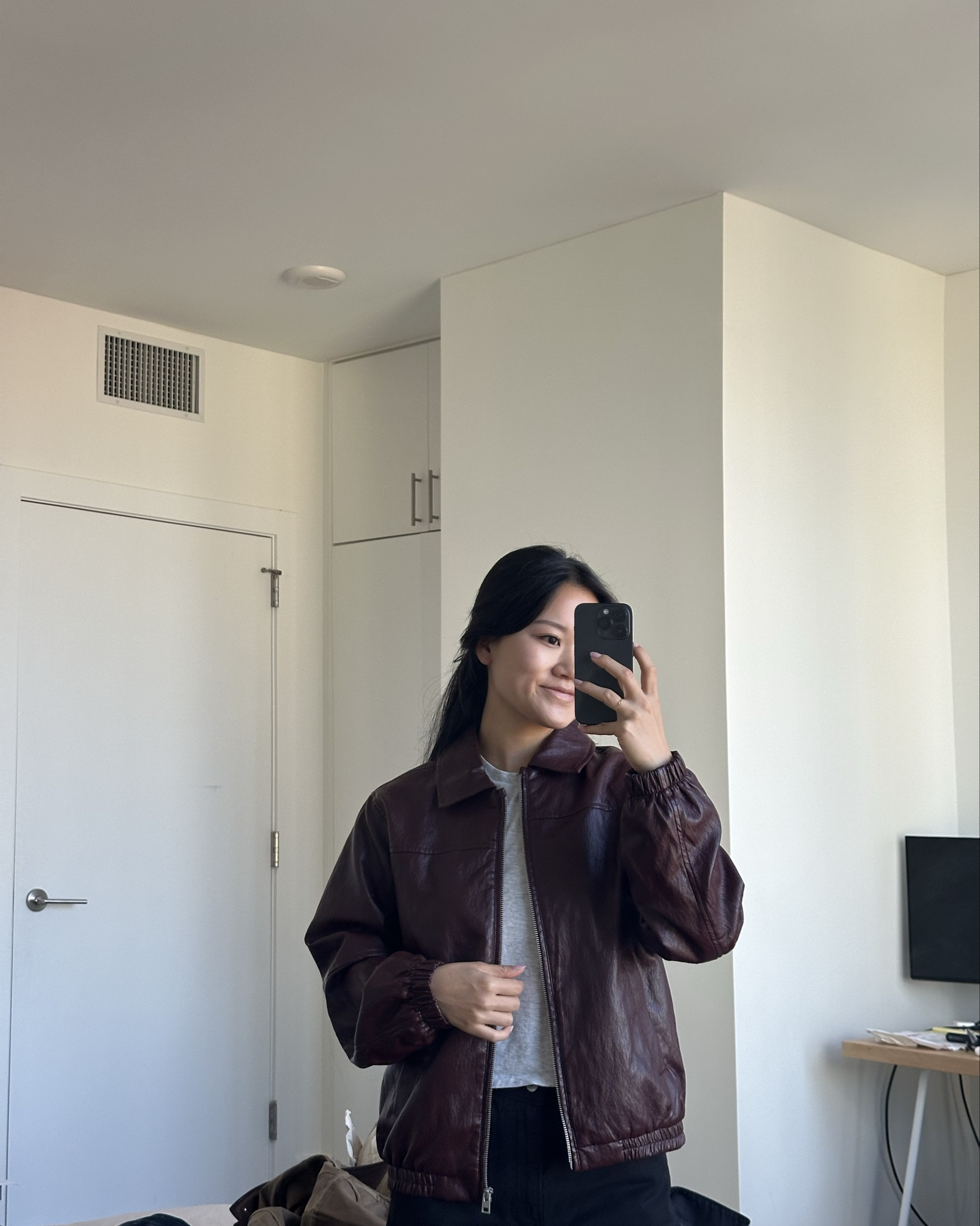 LEATHER BOMBER JACKET can’t get link to exact so details below, from Zara! Tagged similar items

FAUX LEATHER BOMBER JACKET
BURGUNDY 0/5644/715/681/14
1 UNIT
13-14 YEARS (64,6 INCHES)