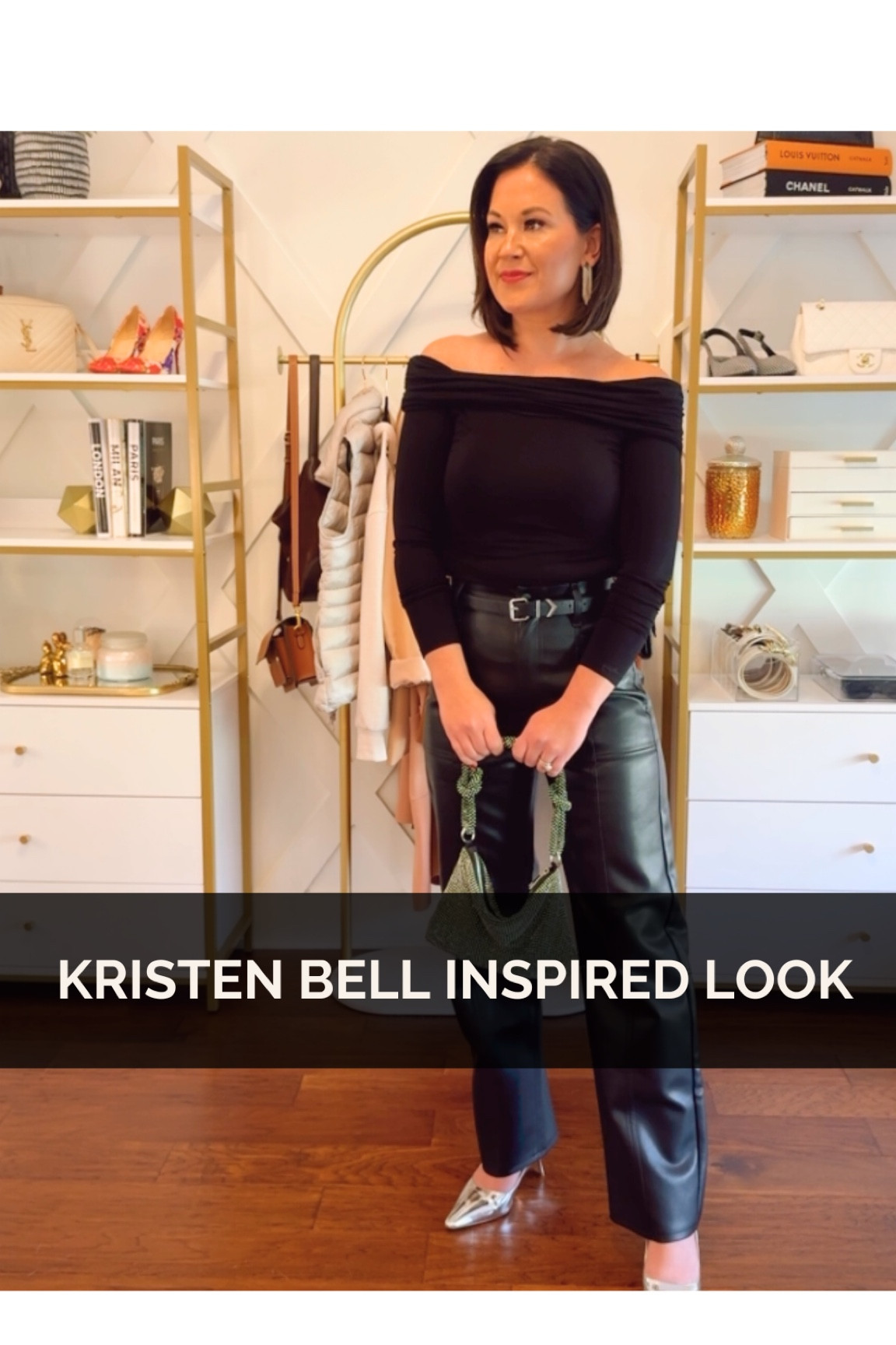 Recreating Kristen bells look from nobody wants this for date night- love the off the shoulder top and all black look - date night outfit ideas - fashion over 40 