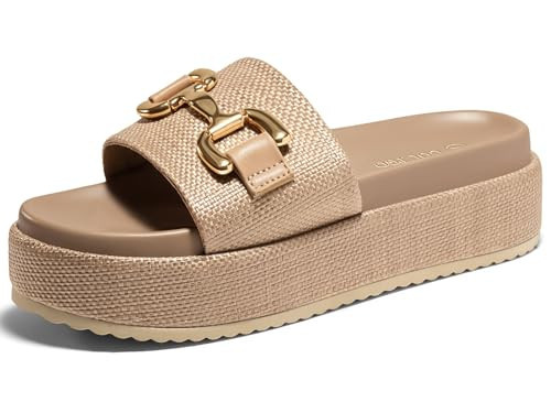 Coutgo Womens Platform Sandals Raffia Espadrilles Metal Chain Slip on Open Toe Cute Beach Slide Sandals | Amazon (US)