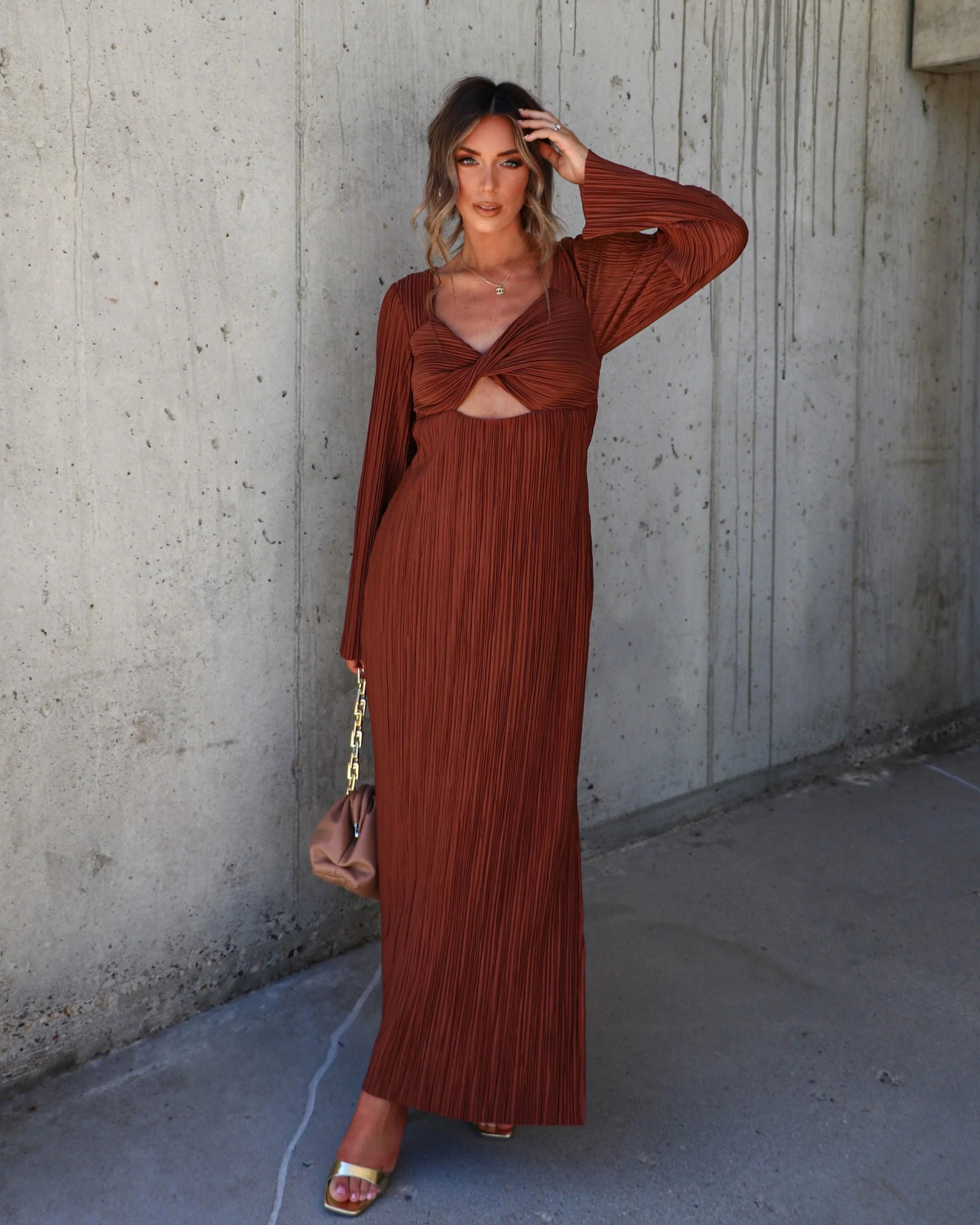 Grand Entrance Plisse Cutout Maxi Dress Brown / XS | VICI